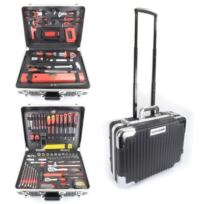 Conjunto de ferramentas em estojo rígido preto com ferramentas de cabo vermelho e preto