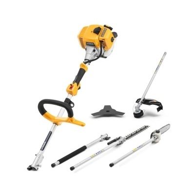 Conjunto de ferramenta de jardim amarelo e preto com motor e acessórios