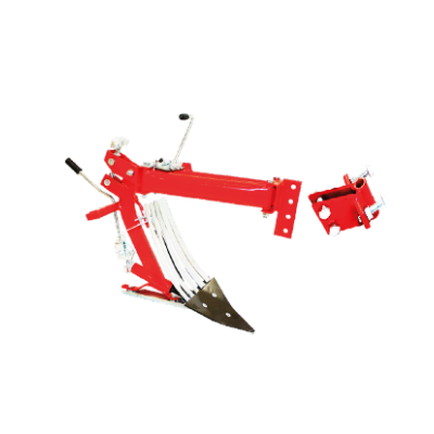 Arado agrícola vermelho metálico com lâmina e alavancas pretas