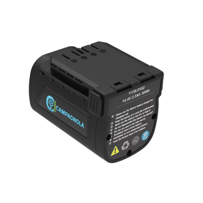 Bateria recarregável preta CAMPAGNOLA com texto de especificações e instruções de segurança