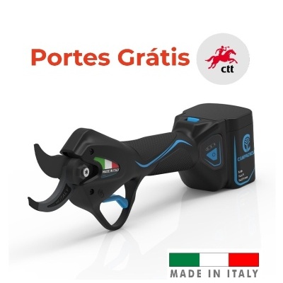 Aparelho de poda elétrico preto com detalhes azuis e bateria, texto MADE IN ITALY, sobre fundo branco com 'Portes Grátis' e logo CTT