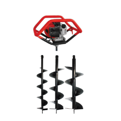 Perfuração elétrica vermelha com três brocas pretas de diferentes tamanhos