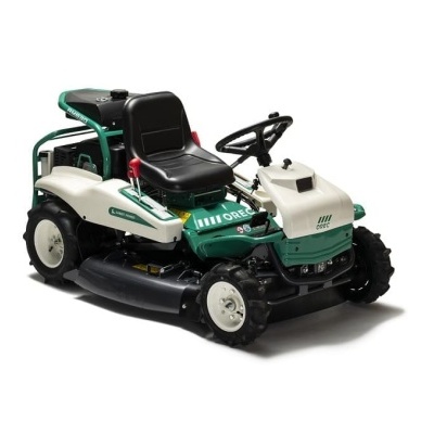 Aparelho de cortar relva motorizado OREC verde e branco com banco preto e volante negro