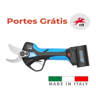 Tesoura elétrica preta e azul com lâminas metálicas e texto promocional de portes grátis e origem italiana