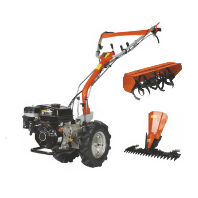 Maquina rotativa preta e laranja com acessórios para solo