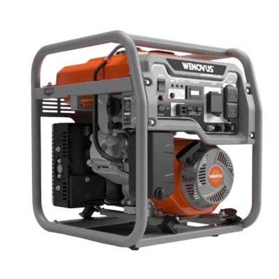 Gerador elétrico portátil WENONUS, estrutura metálica cinza, motor cinza e laranja, painel frontal com botões e tomadas.