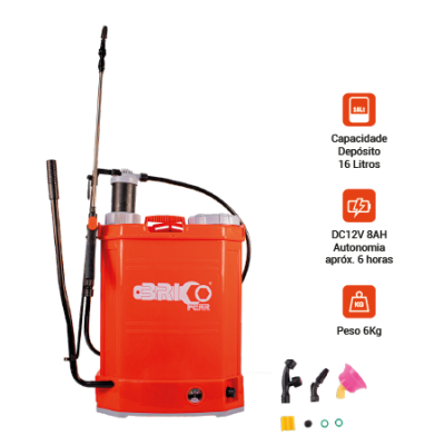 Pulverizador de mochila laranja com mangueira preta e acessórios coloridos