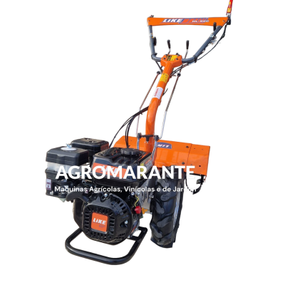 Motoenxada agrícola laranja com motor e controlo, texto LIKE visível