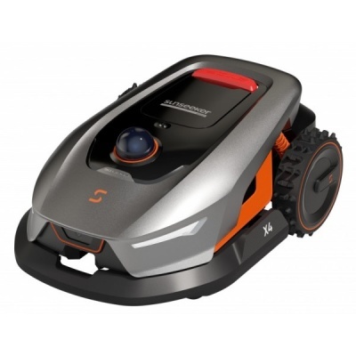 Robô cortador de relva Sunseeker X4 cinza e preto com detalhes em laranja