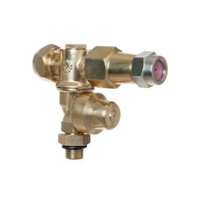 válvula metálica dourada com conexões rosqueadas e anel de vedação