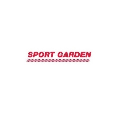 Texto vermelho SPORT GARDEN com linha quadriculada em fundo branco