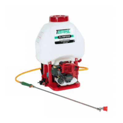 Pulverizador de mochila branco com motor vermelho e mangueira amarela