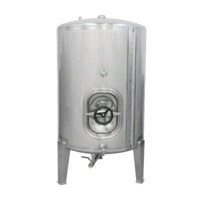 Tanque metálico inoxidável cilíndrico com válvula e porta frontal com roda preta