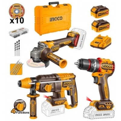 Conjunto de ferramentas elétricas INGCO amarelo e castanho com vários acessórios