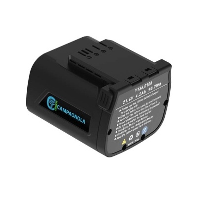 Bateria recarregável preta CAMPAGNOLA com etiqueta de especificações e instruções de segurança