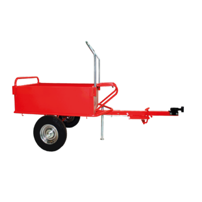 Reboque agrícola vermelho com uma roda preta e barra de engate