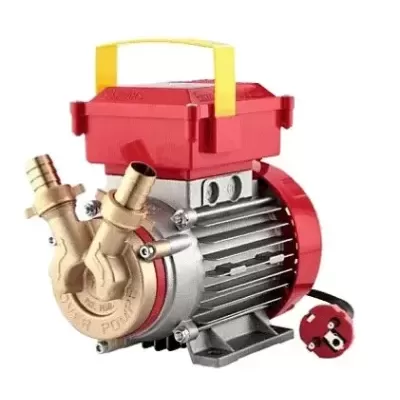 Bomba de água elétrica vermelha e prateada com pega amarela e conexões para mangueira