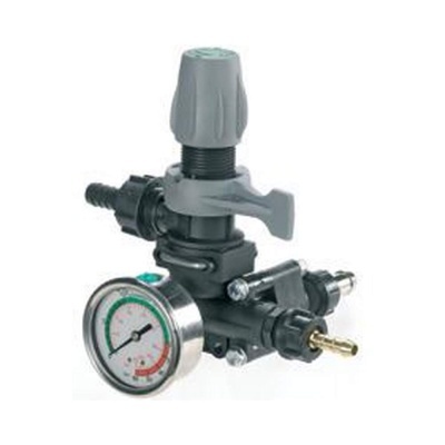 Regulador de pressão preto com manómetro e botão cinzento