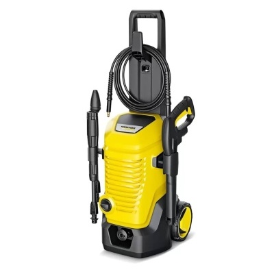 Máquina de lavagem a pressão KARCHER amarela e preta com rodas e acessórios