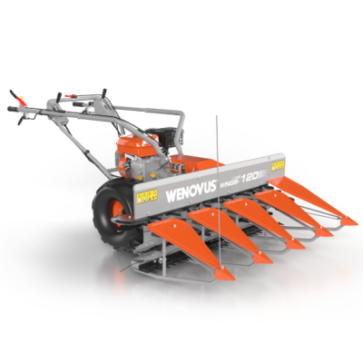 Máquina agrícola cortadora de relva laranja e cinza com texto WENOVUS HYDRA 120