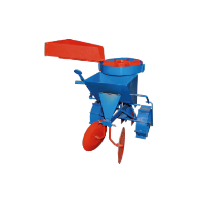 Máquina agrícola azul e vermelha com rodas e funil