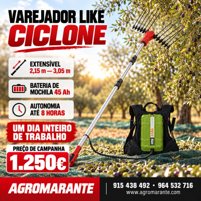 Varejador Like Ciclone extensível com bateria de mochila ao lado de oliveiras