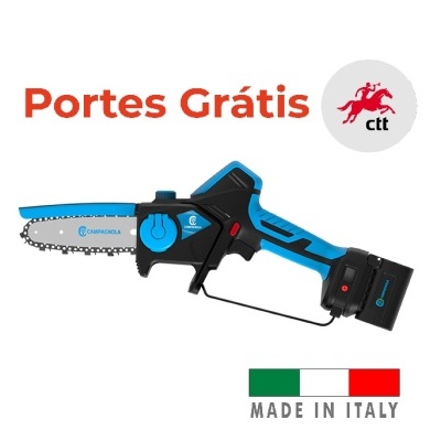 Serra elétrica portátil azul e preta CAMPAGNOLA com texto promocional e bandeira de Itália