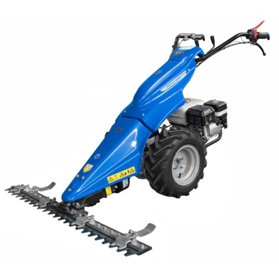 Motoenxada azul com motor e barra de corte metálica