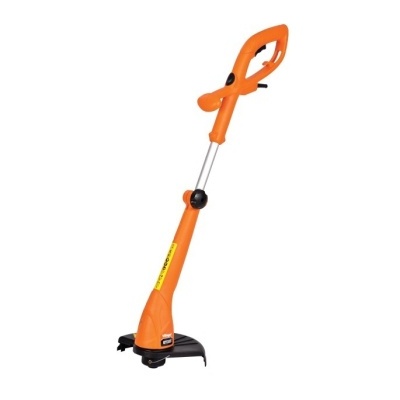 Aparador de relva elétrico laranja com cabo longo e detalhes pretos