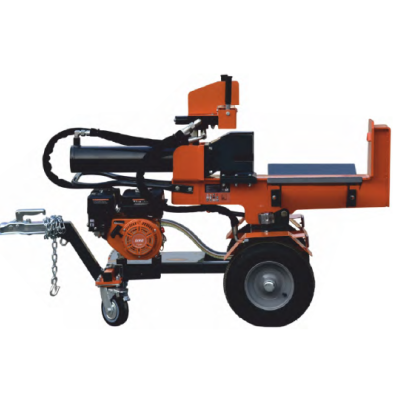 Máquina de estaca metálica laranja e preta com rodas grandes e motor