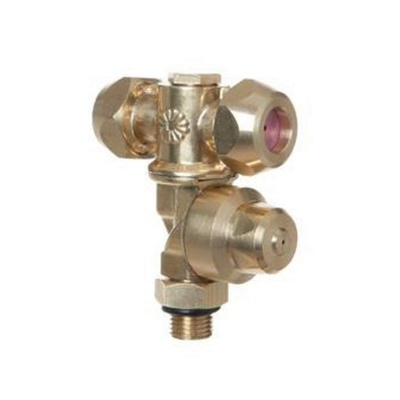 Válvula metálica dourada com componentes roxos e detalhe preto