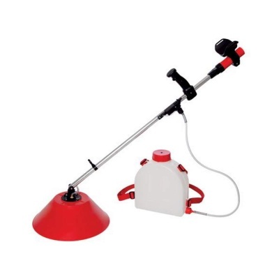 aparelho de corte com lâmina de proteção vermelha e tanque branco com alças vermelhas