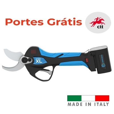Tesoura elétrica azul e preta com bateria, texto Stark XL e MADE IN ITALY