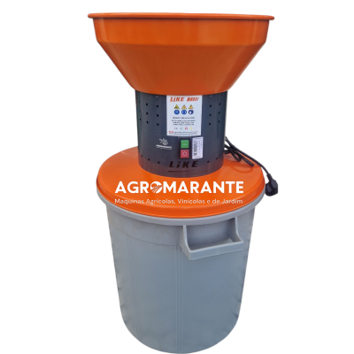 Máquina moedor de cereais laranja e cinza com inscrições e botões