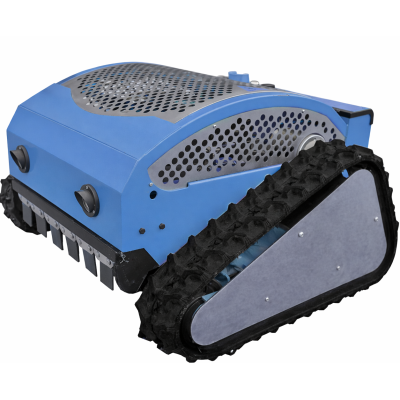 Robô azul com lagartas pretas e estrutura metálica perfurada