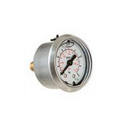 Manómetro metálico redondo com mostrador branco e ponteiro preto