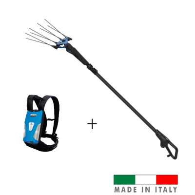 Colheita elétrica de azeitonas com varinha e mochila azul, preto e metal.