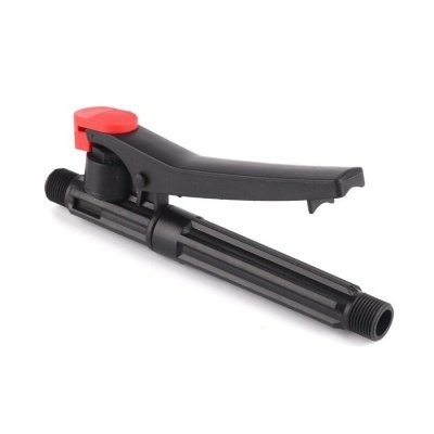 válvula preta com alavanca e botão vermelho