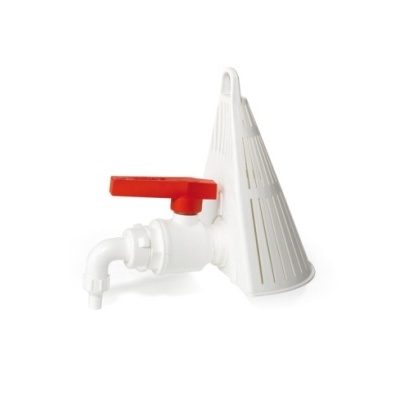 Torneira branca com manípulo vermelho e protetor cónico branco