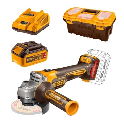 Conjunto ferramenta INGCO amarelo e preto com esmerilhadora, bateria, carregador e caixa de arrumação.