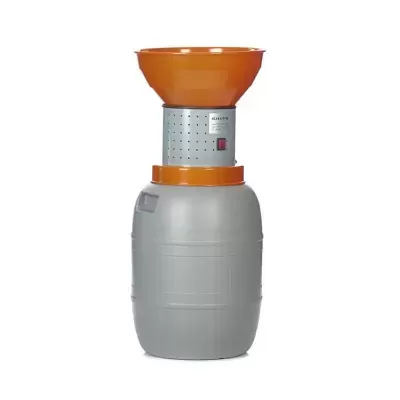 Triturador de plástico com funil laranja e recipiente cinzento