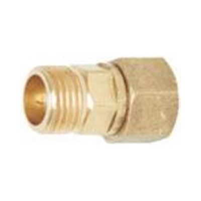 Conector metálico dourado com rosca para ligações hidráulicas ou gasosas.