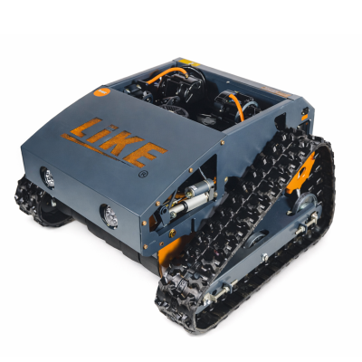 Robot cinzento com lagartas e inscrição LIKE em laranja