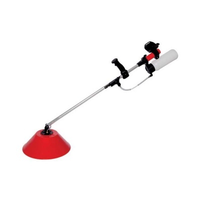 Aparelho com base vermelha, haste prateada, pegas pretas e depósito branco