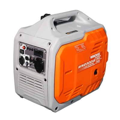 Gerador portátil WENOVUS em cinza e laranja com painel de controlo frontal preto e branco