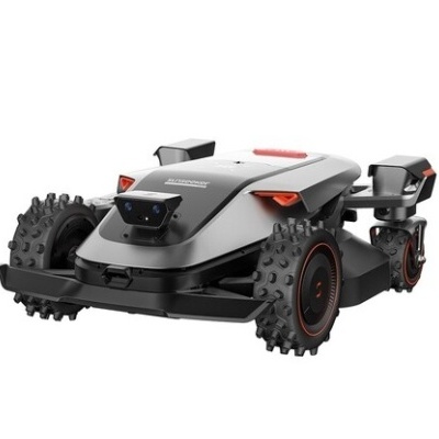 Robô cortador de relva cinzento com rodas robustas e câmaras frontais