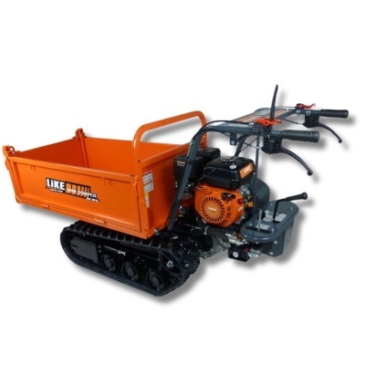 Mini dumper laranja com esteiras pretas e motor visível com alavancas no apoio dianteiro.