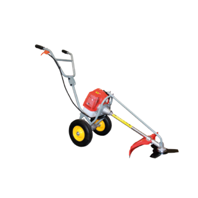 Apara-relvas motorizado vermelho, cinzento e amarelo com duas rodas e lâmina de corte.