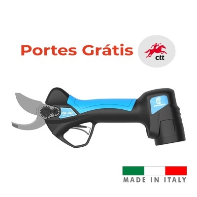 Tesoura de poda preta e azul com texto e selo, fundo branco com texto promocional e bandeira da Itália