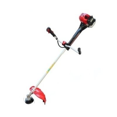 Aparelho corta-ervas com motor a gasolina vermelho e preto e haste branca